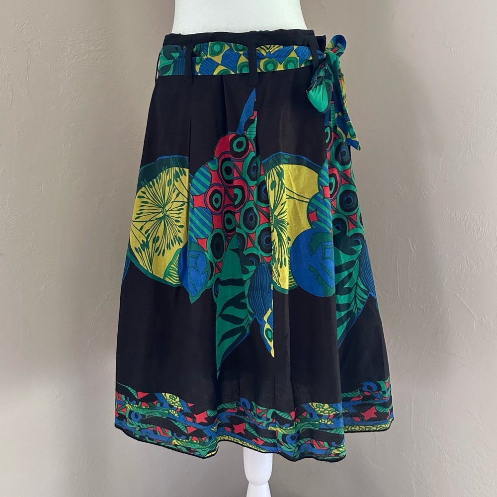 J. Peterman Artsy Print Cotton Skirt with Sash Tie Waist